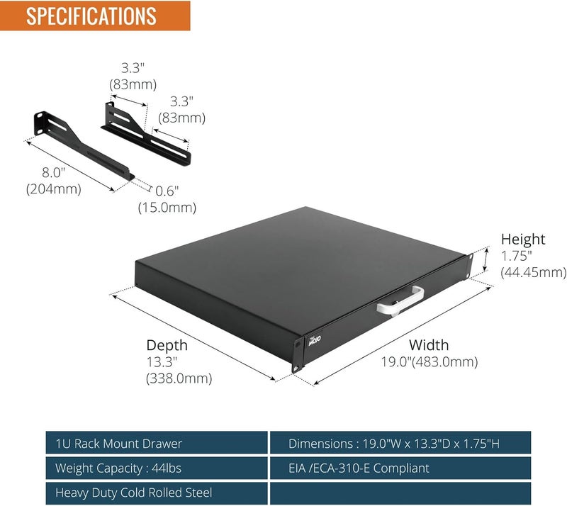 Tecmojo 1U Rack Drawer,Rack Mount Drawer for 19in Network Equipment/Server/AV Rack or Cabinet Enclosure,Sliding and Lockable Server Rack Drawer - Load-Bearing 22lb (10kg),with Cable Management Holes - Image 2